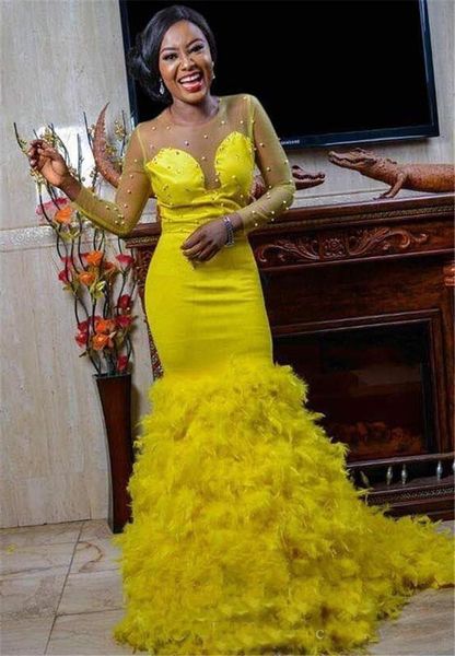 2018 Long Prom Dresses Sheer Neck Sweep Train Long Sleeves Feather African Party Gowns Evening Gowns Mermaid Custom Made