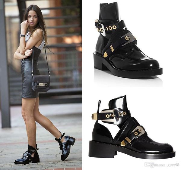 

2017 black women shoes genuine leather ankle motorcycle boots riding gladiator bootie flats cutout square heel buckle boot