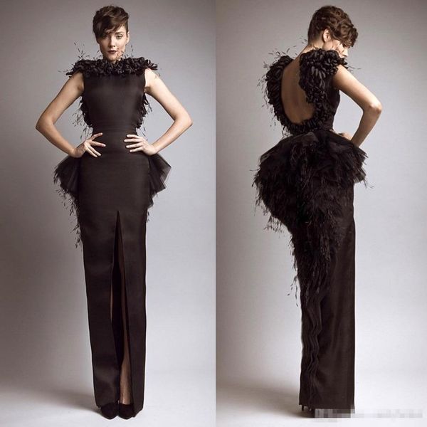 

Krikor Jabotian Винтажные вечерние платья Черное атласное платье-футляр с перьями Спере