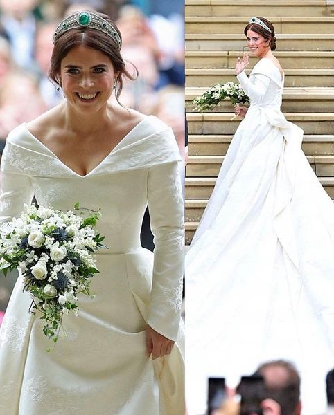 princess eugenie 2019 off the shoulder long sleeve wedding dresses satin sweep train church bridal gown custom made, White
princess eugenie 2019 off the shoulder long sleeve wedding dresses satin sweep train church bridal gown custom made, White