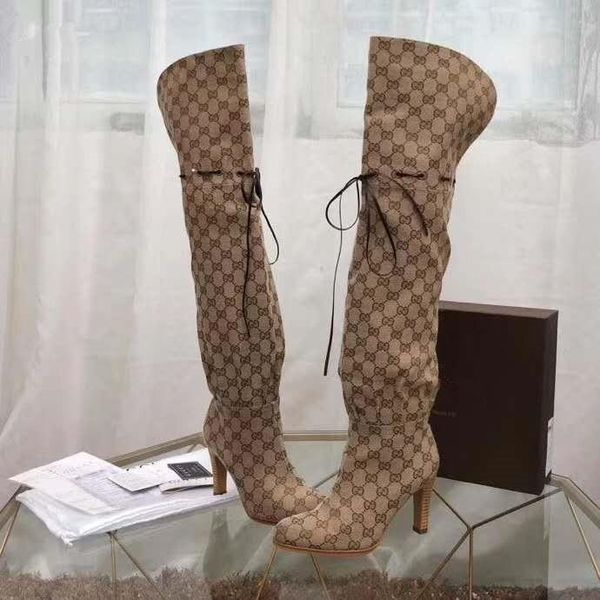 with box branded women letter print canvas over-the-knee boot fashion lady leather trim rubber solethigh-high round toes boots, Black
with box branded women letter print canvas over-the-knee boot fashion lady leather trim rubber solethigh-high round toes boots, Black