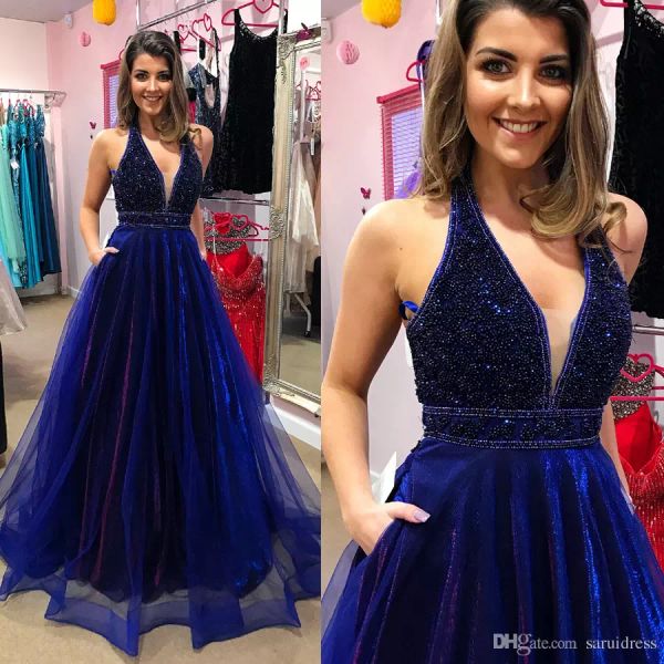 royal blue tulle prom dress 2019 halter neckline heavy beading evening gowns with pockets floor length party dress custom made, Black
royal blue tulle prom dress 2019 halter neckline heavy beading evening gowns with pockets floor length party dress custom made, Black
