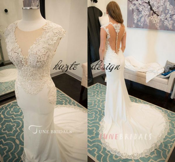 jewel illusion neck cap sleeve fit and flare jersey wedding dresses 2018 real image lace pearls garden country mermaid wedding gown, White
jewel illusion neck cap sleeve fit and flare jersey wedding dresses 2018 real image lace pearls garden country mermaid wedding gown, White