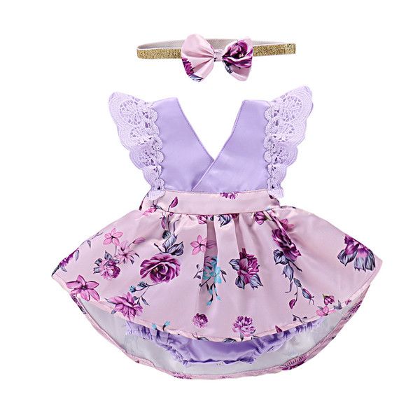 

mikrdoo toddler baby girl clothes floral dress lace ruffle sleeve romper with headband 2pcs kids irregular clothing outfit, Blue