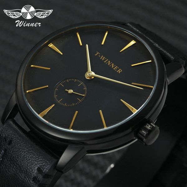 

2018 fashion concise winner mechanical watches men black golden working sub-dial genuine hand-wind wristwatch, Slivery;brown