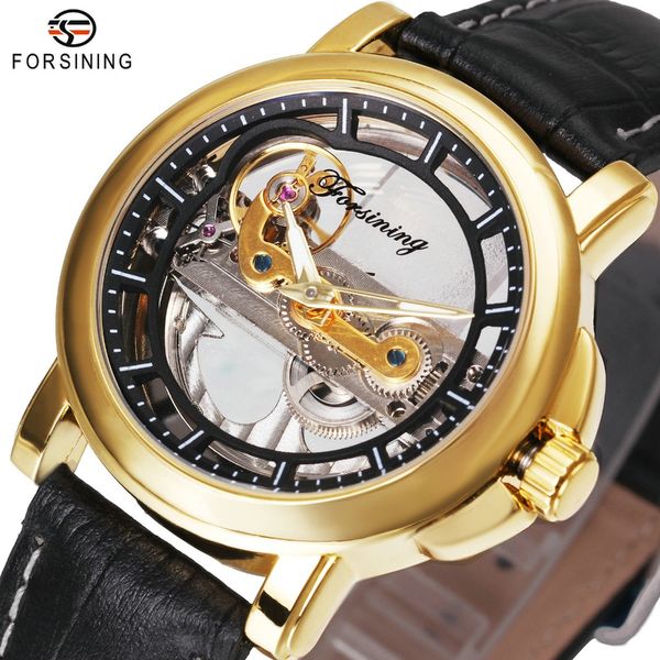 

golden bridge watch men transparent dial luminous hands genuine leather forsining auto mechanical wristwatch, Slivery;brown