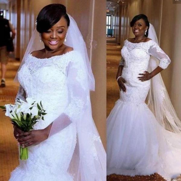 african black girls plus size wedding dresses lace appliques off shoulder 3/4 long sleeve mermaid wedding dress beach bridal gowns, White
african black girls plus size wedding dresses lace appliques off shoulder 3/4 long sleeve mermaid wedding dress beach bridal gowns, White