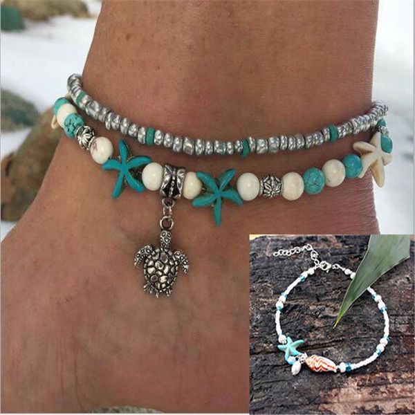 

new vintage handmade sandal anklet bracelet foot jewelry for women multilayer beads shell starfish mix pendants charms anklets ld, Red;blue