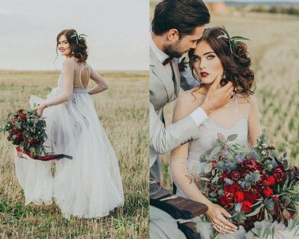 2019 simple gray tulle wedding dresses a line sheer long sleeve open back scoop country bridal gowns sweep train, White
2019 simple gray tulle wedding dresses a line sheer long sleeve open back scoop country bridal gowns sweep train, White