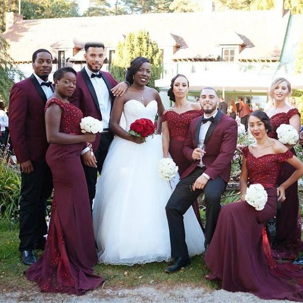 bridal mermaid sweetheart off shoulder beaded burgundy bridesmaid dress african bridesmaid gowns with appliques sheer train, White;pink
bridal mermaid sweetheart off shoulder beaded burgundy bridesmaid dress african bridesmaid gowns with appliques sheer train, White;pink