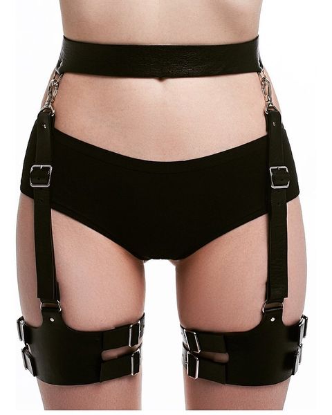 

uyee 100% handmade pu leather harness body bondage rave leg garters waist belt punk suspenders strap for bdsm women lp-054, Black;brown
