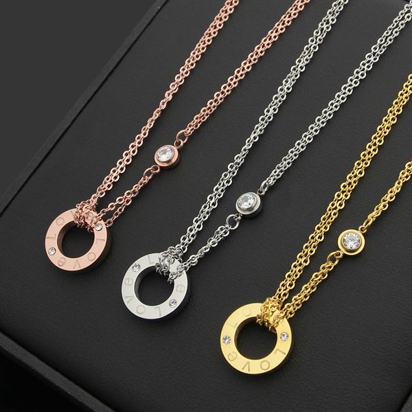 

Top brand 316L Titanium steel with one round and diamond double layers chain in 40cm pendant necklace women jewelry wedding gift free shipp