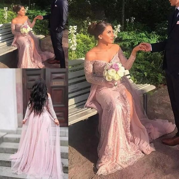 2018 arabic light pink long prom dresses off shoulder long sleeves lace appliques side split evening party gowns with detachable tulle skirt, Black
2018 arabic light pink long prom dresses off shoulder long sleeves lace appliques side split evening party gowns with detachable tulle skirt, Black