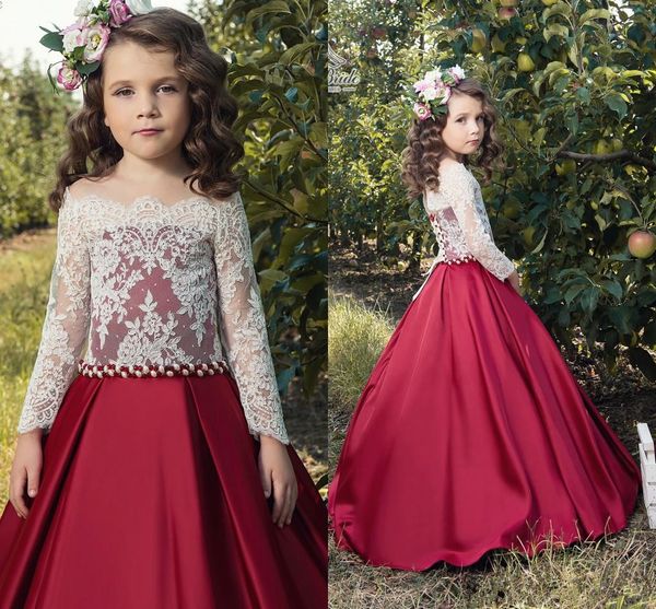 

new red champagne flower girl dresses long sleeves lace satin mother daughter dresses for children christmas party prom gown, White;blue