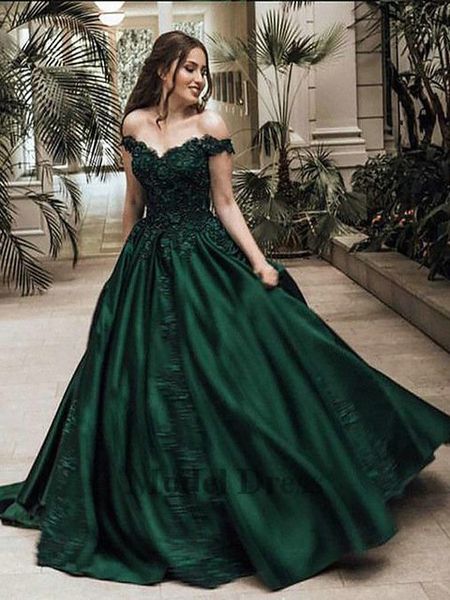 

Dark Green Princess Prom Dresses for Graduation Party Off the Shoulder Tops A Line Floor Length Lace Appliques Evening Gowns Custom Made