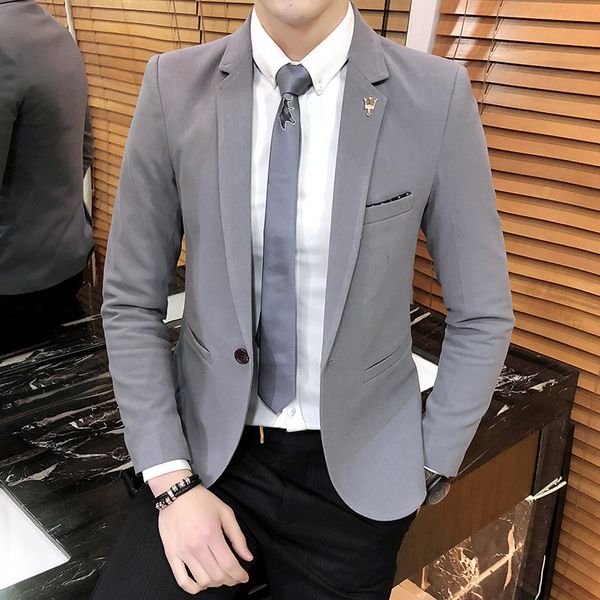 

korean solid fashion mens blazers casual single button men fitted blazer full sleeve office suit jacket, White;black