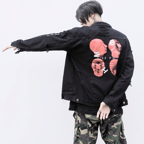 Wholesale Mens Harajuku Style Print Pattern Hole Jeans Jacket Black Lapel Neck Autumn Outer Free Shipping
Wholesale Mens Harajuku Style Print Pattern Hole Jeans Jacket Black Lapel Neck Autumn Outer Free Shipping