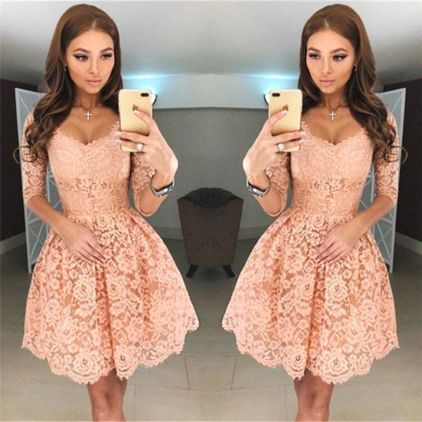 2018 elegant 1/2 long sleeves lace homecoming dresses v neck knee length short cocktail dresses plus size vestidos de festa ba6953, Blue;pink
2018 elegant 1/2 long sleeves lace homecoming dresses v neck knee length short cocktail dresses plus size vestidos de festa ba6953, Blue;pink