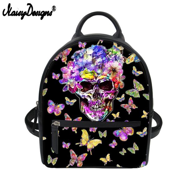 

new feminine black backpack skulls printing luxury pu leather school bags women mini butterfly rose rucksack tourist backpacks