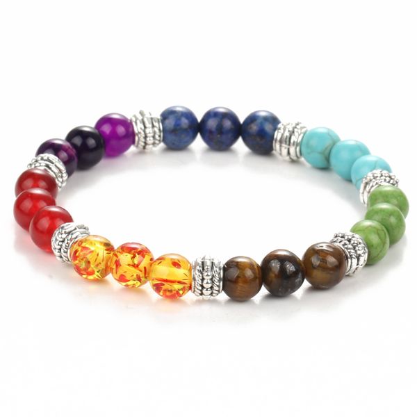 

2017 natural semi-precious stones round bead seven colors chakras gem bracelet health reiki prayer stone bracelet ing, Golden;silver