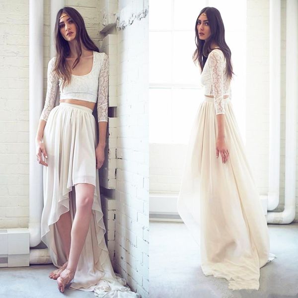 2019 casual beach wedding dresses two pieces 3/4 sleeve u neck lace chiffon short front long back bridal gowns romantic custom made, White
2019 casual beach wedding dresses two pieces 3/4 sleeve u neck lace chiffon short front long back bridal gowns romantic custom made, White