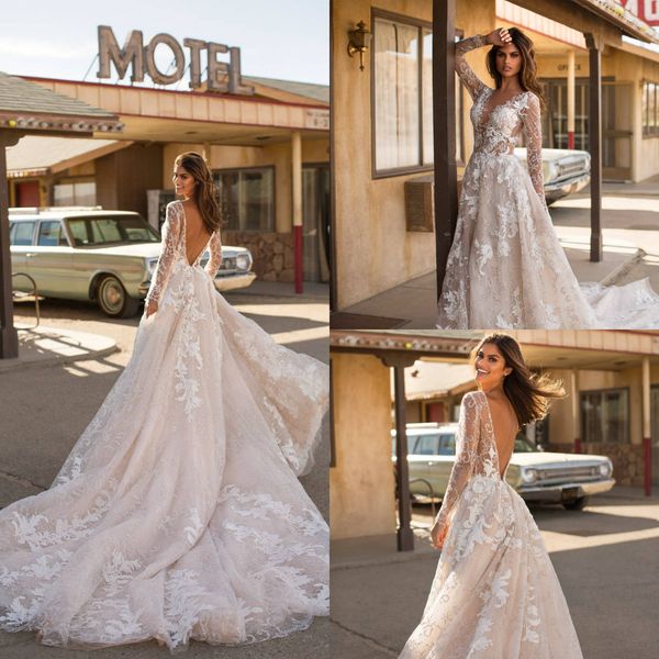 2019 milla nova champagne wedding dresses v neck applique sequin a line backless lace wedding dress long sleeve bridal gowns, White
2019 milla nova champagne wedding dresses v neck applique sequin a line backless lace wedding dress long sleeve bridal gowns, White