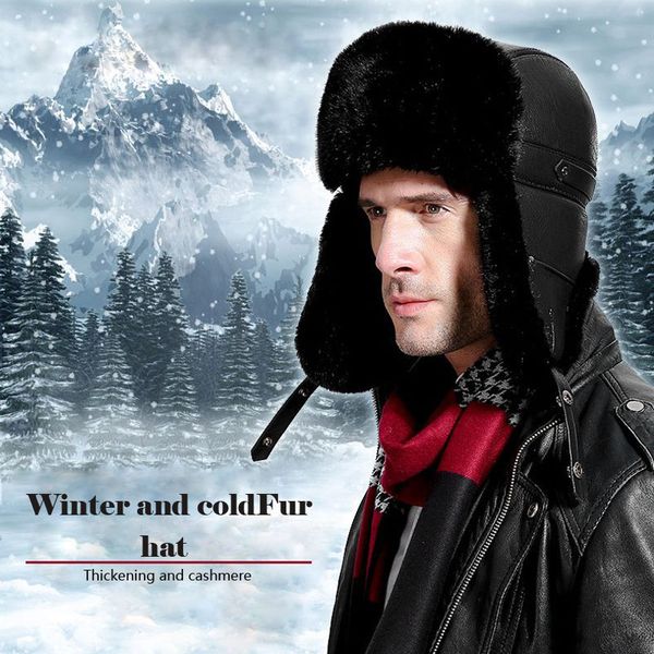 

winter imitated mink hair keep warm thick men's ears pu leather mountaineering hat winter outdoor sport caps, Black;white