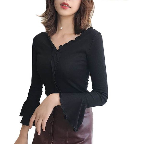 2018 tight v neck slim tee women short t-shirts flare sleeve casual women ruffles lady knitted dropship bottoming shirts, White
2018 tight v neck slim tee women short t-shirts flare sleeve casual women ruffles lady knitted dropship bottoming shirts, White