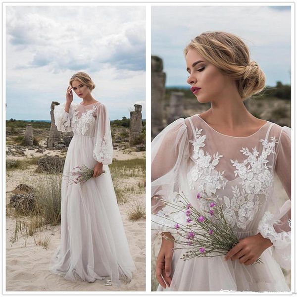 2018 sheer scoop neck lace applique a line bohemia wedding dresses illusion long sleeve tulle floor length bridal wedding gowns, White
2018 sheer scoop neck lace applique a line bohemia wedding dresses illusion long sleeve tulle floor length bridal wedding gowns, White