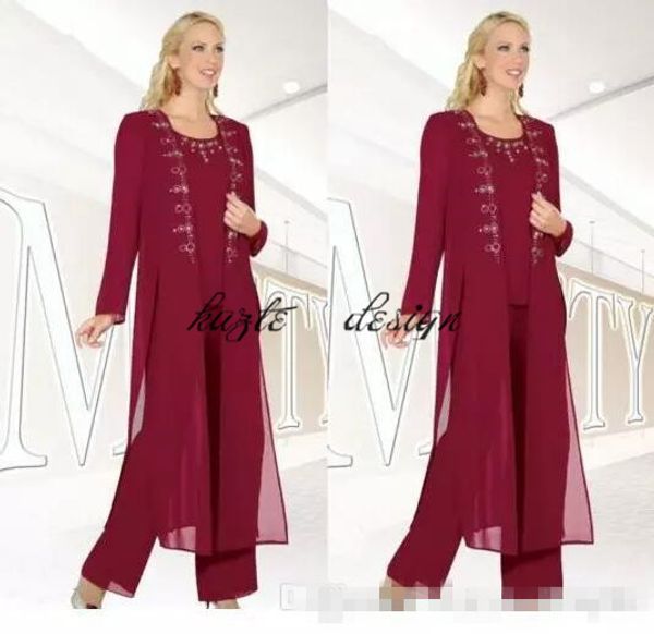 2018 new burgundy mother of the bride suits with jackets long sleeves sheath chiffon formal wear 3 piece mother's pants suit custom mad, Black;red
2018 new burgundy mother of the bride suits with jackets long sleeves sheath chiffon formal wear 3 piece mother's pants suit custom mad, Black;red