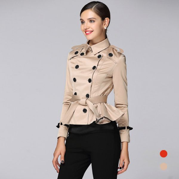 fashion double-breasted women ruffled short trench b17, Tan;black
fashion double-breasted women ruffled short trench b17, Tan;black