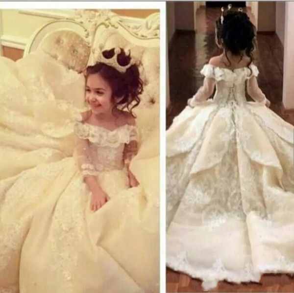 sweety champagne princess flower girl dresses off shoulder lace appliques long sleeves ball gown flower girl dresses, White;blue