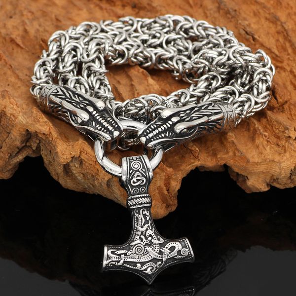men stainless steel nordic viking wolf dragon head with thor hammer pendant necklace with king chain, Silver
men stainless steel nordic viking wolf dragon head with thor hammer pendant necklace with king chain, Silver