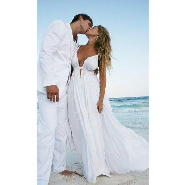 2018 New Sexy Deep V-Neck Beach Wedding Dress Spaghetti Straps Backless Chiffon Wedding Dresses With Pleats vestido de noiva