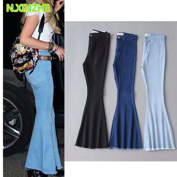 

2018 women clothing high waist tight elastic spliced solid washed denim flare pants female vintage fashion skinny cotton jeans, Blue
