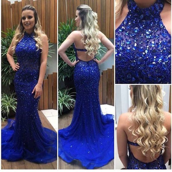royal blue mermaid prom evening dresses high neck halter crystal beaded tulle backless champagne formal gowns sweep train, Black
royal blue mermaid prom evening dresses high neck halter crystal beaded tulle backless champagne formal gowns sweep train, Black