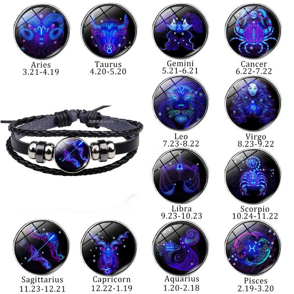 

2018 gemini cancer leo virgo libra scorpio 12 constellation black leather bracelet zodiac glass cabochon bracelet for men women, Golden;silver