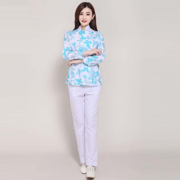 women fashion blue printed medical uniform / beautician long sleeve stand collar scrub sets / nurse work lab coat, White
women fashion blue printed medical uniform / beautician long sleeve stand collar scrub sets / nurse work lab coat, White