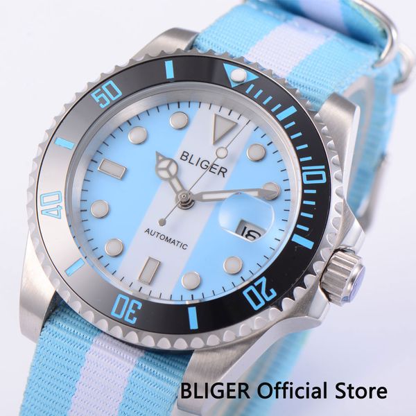 bliger sapphire crystal 40mm blue white dial black ceramic bezel miyota automatic movement men's wrist watch nylon strap watch, Slivery;brown
bliger sapphire crystal 40mm blue white dial black ceramic bezel miyota automatic movement men's wrist watch nylon strap watch, Slivery;brown