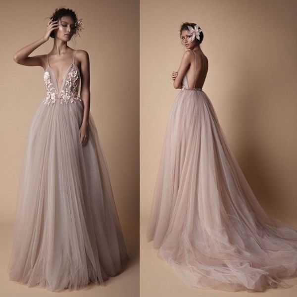 2019 berta beach wedding dresses blush bridal gowns backless spaghetti v neck lace appliqued wedding dress, White
2019 berta beach wedding dresses blush bridal gowns backless spaghetti v neck lace appliqued wedding dress, White
