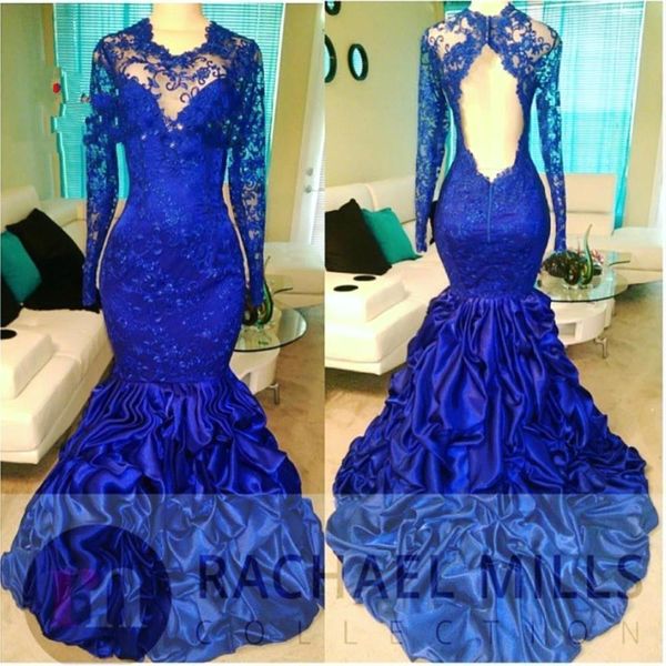 2018 royal blue prom dresses long sleeves mermaid prom dresses lace satin pick-up backless sweep train formal party evening dress, Black
2018 royal blue prom dresses long sleeves mermaid prom dresses lace satin pick-up backless sweep train formal party evening dress, Black