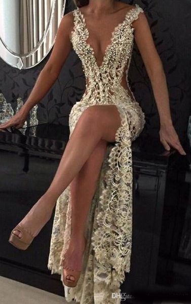 2020 bohemian white ivory prom dresses plunging deep v neck full lace beads crystals rhinestone high side split party formal dresses, Black
2020 bohemian white ivory prom dresses plunging deep v neck full lace beads crystals rhinestone high side split party formal dresses, Black