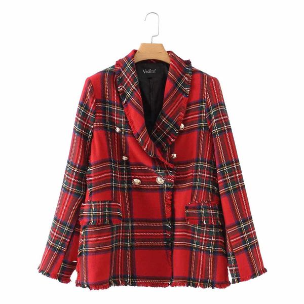 women plaid notched collar tweed blazer double breasted pockets tassel hem female loose casual outwear chic, White;black
women plaid notched collar tweed blazer double breasted pockets tassel hem female loose casual outwear chic, White;black