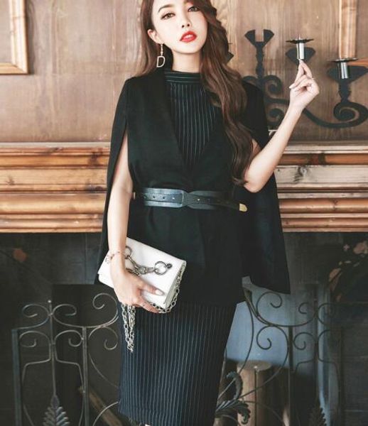 south korea autumn new fashion cloak jacket temperament shawl jacket + slim vertical stripes dress, White
south korea autumn new fashion cloak jacket temperament shawl jacket + slim vertical stripes dress, White