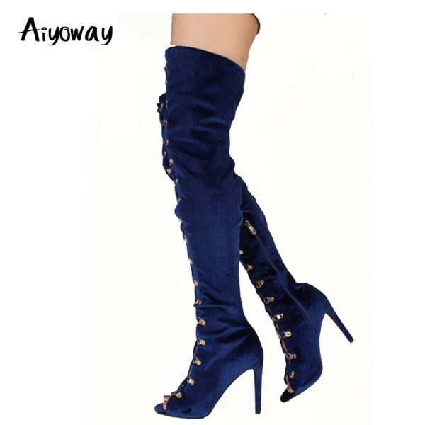 

aiyoway fashion women ladies peep toe high heel over knee boots side zip lace up winter autumn thigh boots velvet size 5~12, Black