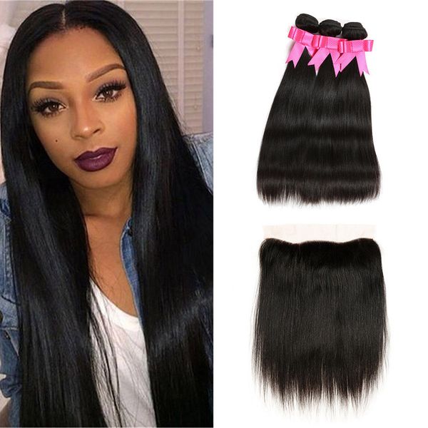brazilian straight 3 bundles with 13x4 lace frontal natural hairline unprocessed brazilian virgin human hair weaves extension natural color, Black;brown 
brazilian straight 3 bundles with 13x4 lace frontal natural hairline unprocessed brazilian virgin human hair weaves extension natural color, Black;brown