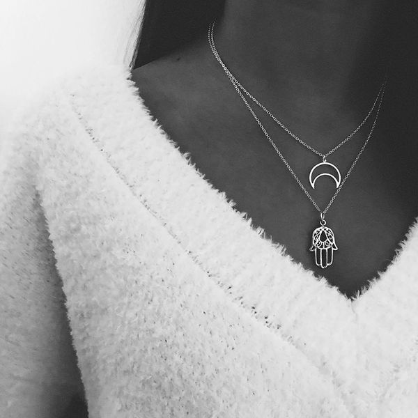 women fashion hollow fatima palm moon chain pendant silver necklace retro party multilayer long necklace set combination
women fashion hollow fatima palm moon chain pendant silver necklace retro party multilayer long necklace set combination