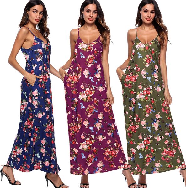 women long floral dresses summer deep v-neck spaghetti strap dress beach bohomian dresses, Black;gray 
women long floral dresses summer deep v-neck spaghetti strap dress beach bohomian dresses, Black;gray