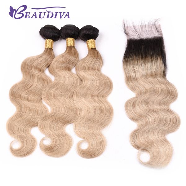 

beau diva pre colored tb/27 blonde brazilian virgin human hair bundles with closure straight 100% ombre hair bundles with closure 4*4 remy, Black;brown