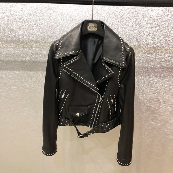the 2018 spring and autumn season new genuine leather jacket female short style sheep leather motorcycle riveted leather jacket the same sty, Black
the 2018 spring and autumn season new genuine leather jacket female short style sheep leather motorcycle riveted leather jacket the same sty, Black
